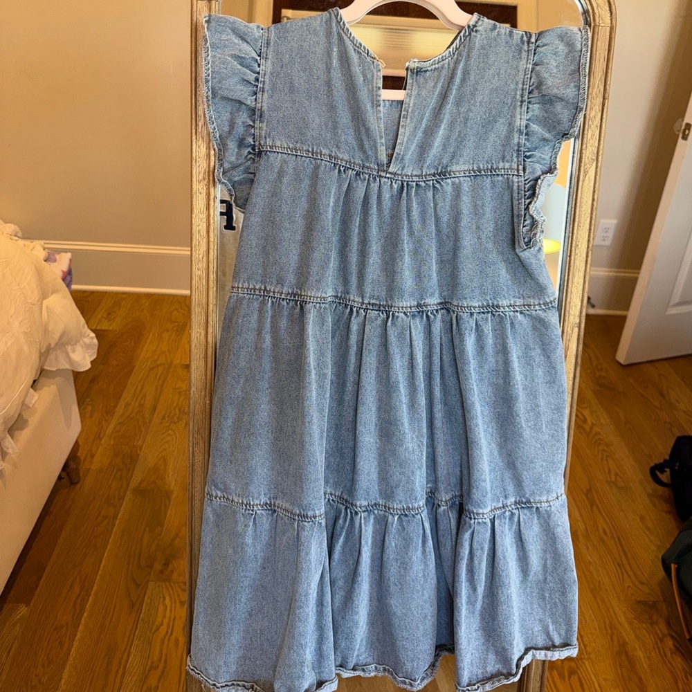 Altar'd State Denim Tiered Ruffle Sleeve Mini Dress - denim